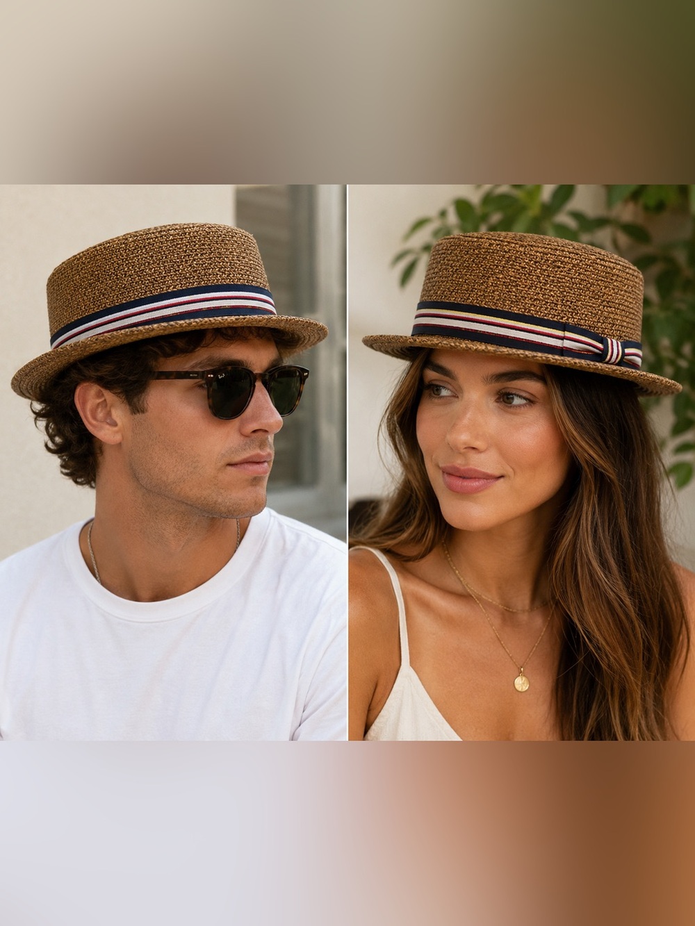Epoch Hats Company Brown Woven Straw Pork Pie Hat Striped Band Unisex